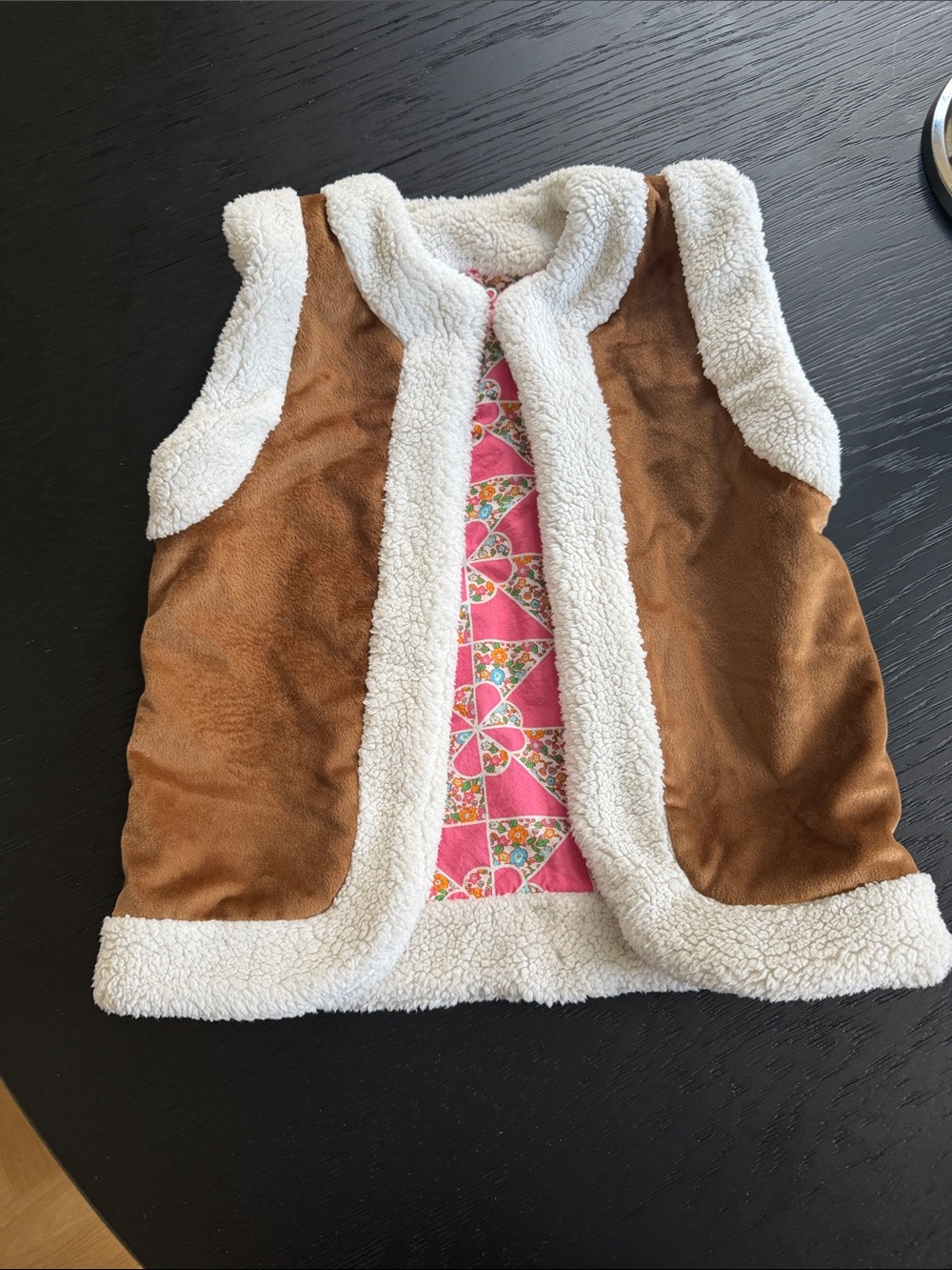 Kids Reveraoble Brown Faux-Suede and Pink Pattern Vest with Cream Sherpa Trim